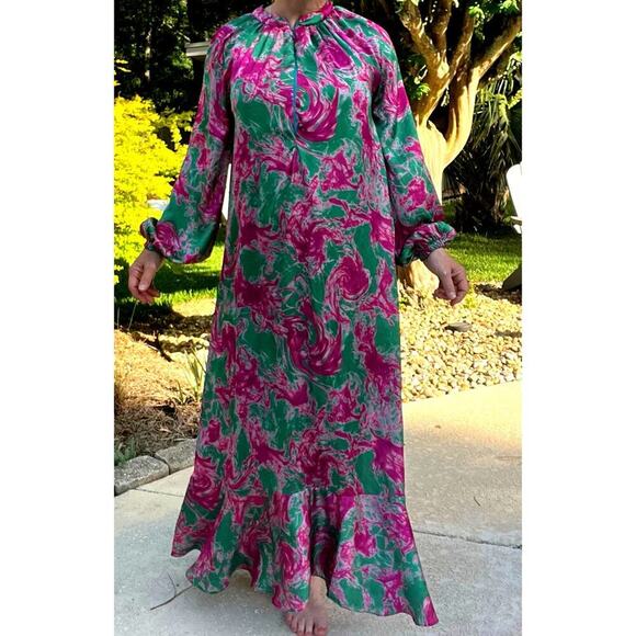 QUQA satin ruffle hem maxi dress/mumu/kaftan/house dress - Picture 8 of 8